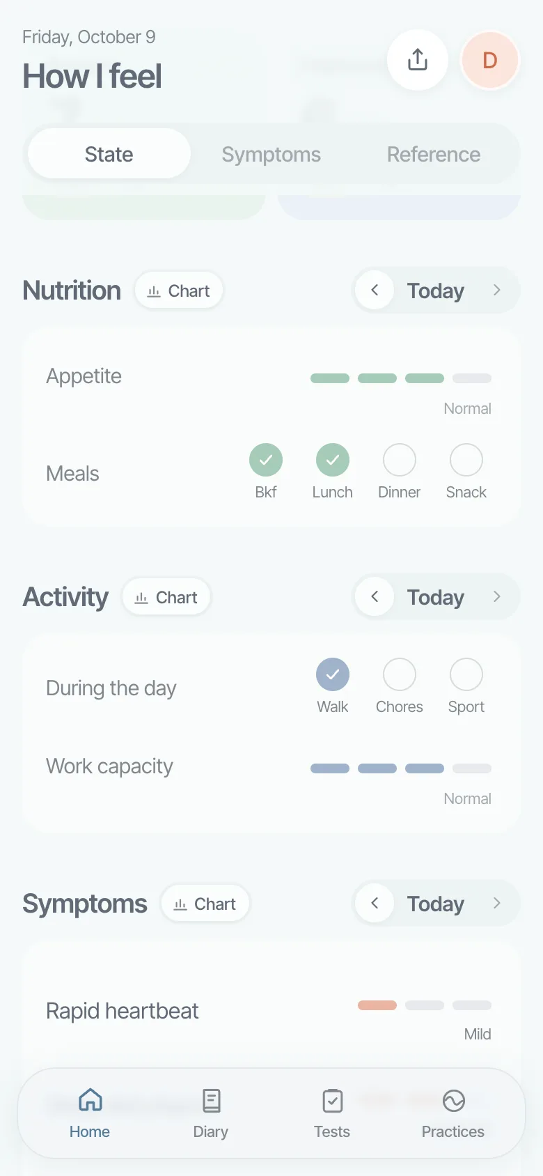Nutrition and activity blocks with meals and daily activity