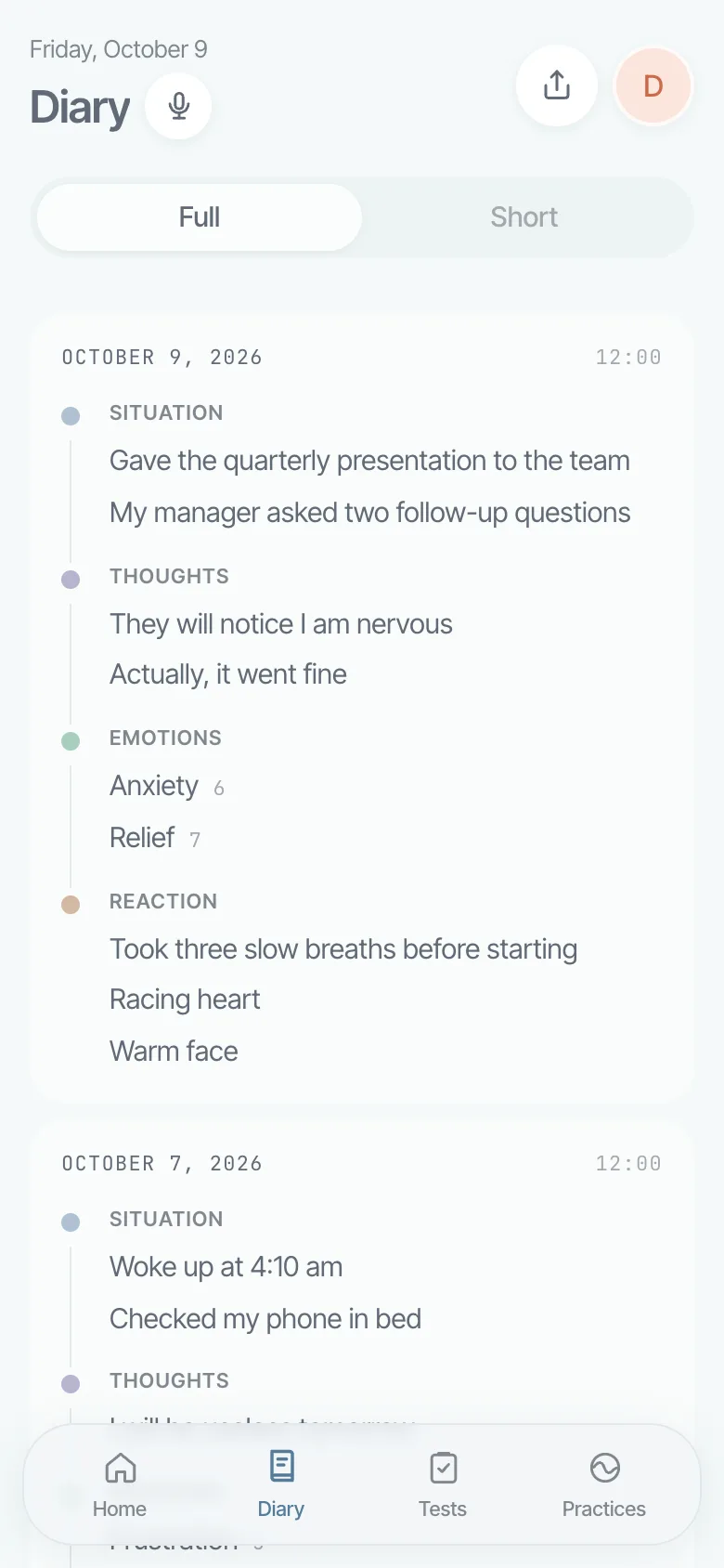 Diary entry split into situation, thoughts, emotions and reaction