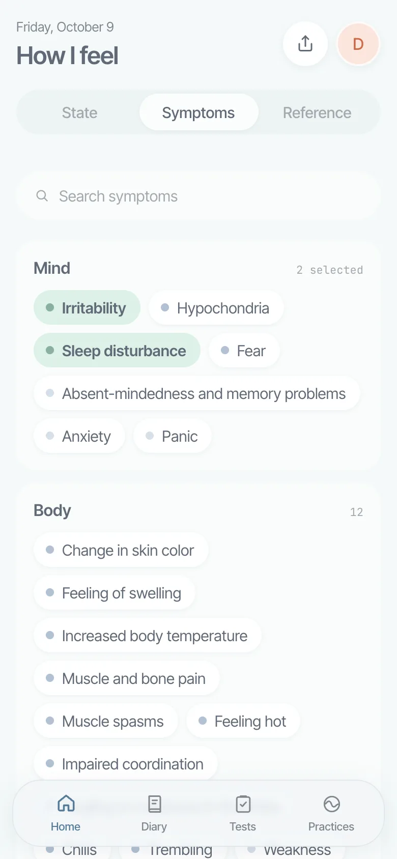 Symptom picker with symptoms grouped into Mind and Body